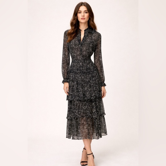 Maje Dresses & Skirts - Maje Tiered Printed Metallic Fil Coupé Midi Dress 38 Medium Black Silk Wedding